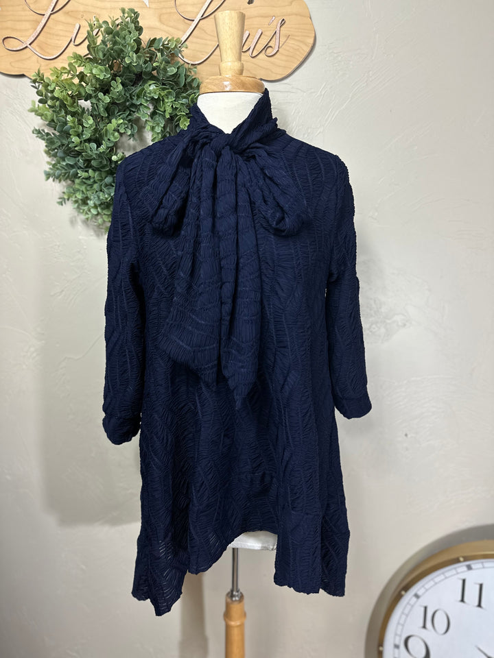 Selena Asymmetrical Rich Navy Blue Modest Textured Tunic Top with Tie