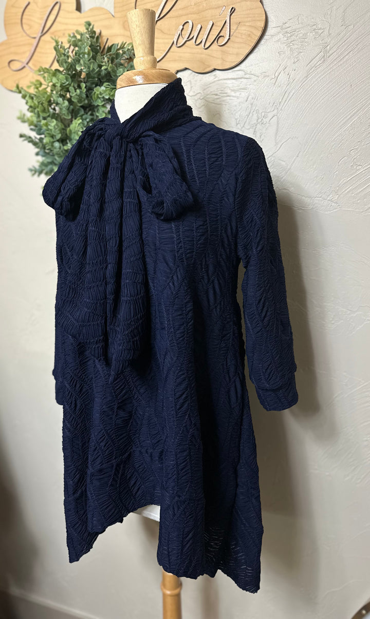 Selena Asymmetrical Rich Navy Blue Modest Textured Tunic Top with Tie