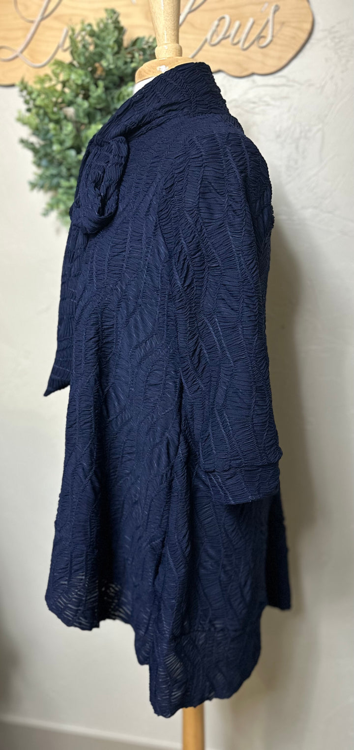 Selena Asymmetrical Rich Navy Blue Modest Textured Tunic Top with Tie