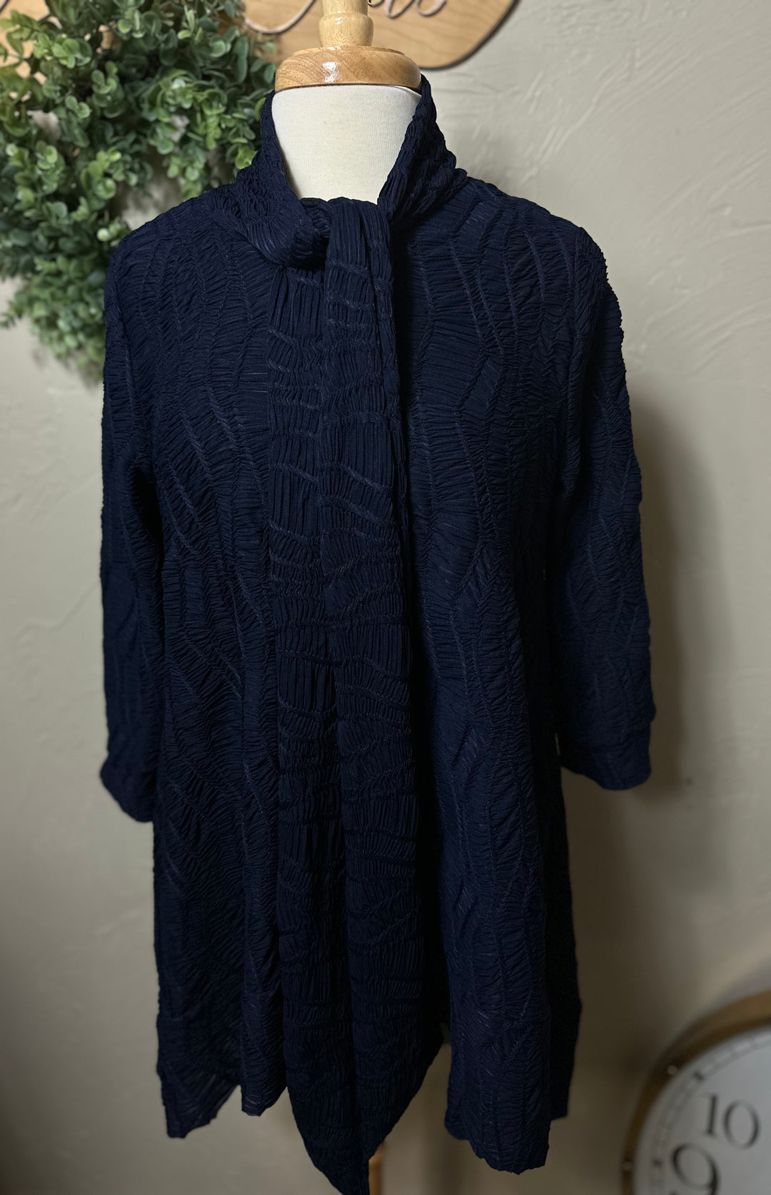 Selena Asymmetrical Rich Navy Blue Modest Textured Tunic Top with Tie