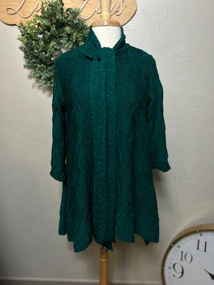 Selena Asymmetrical Hunter Green Modest Textured Tunic Top with Tie