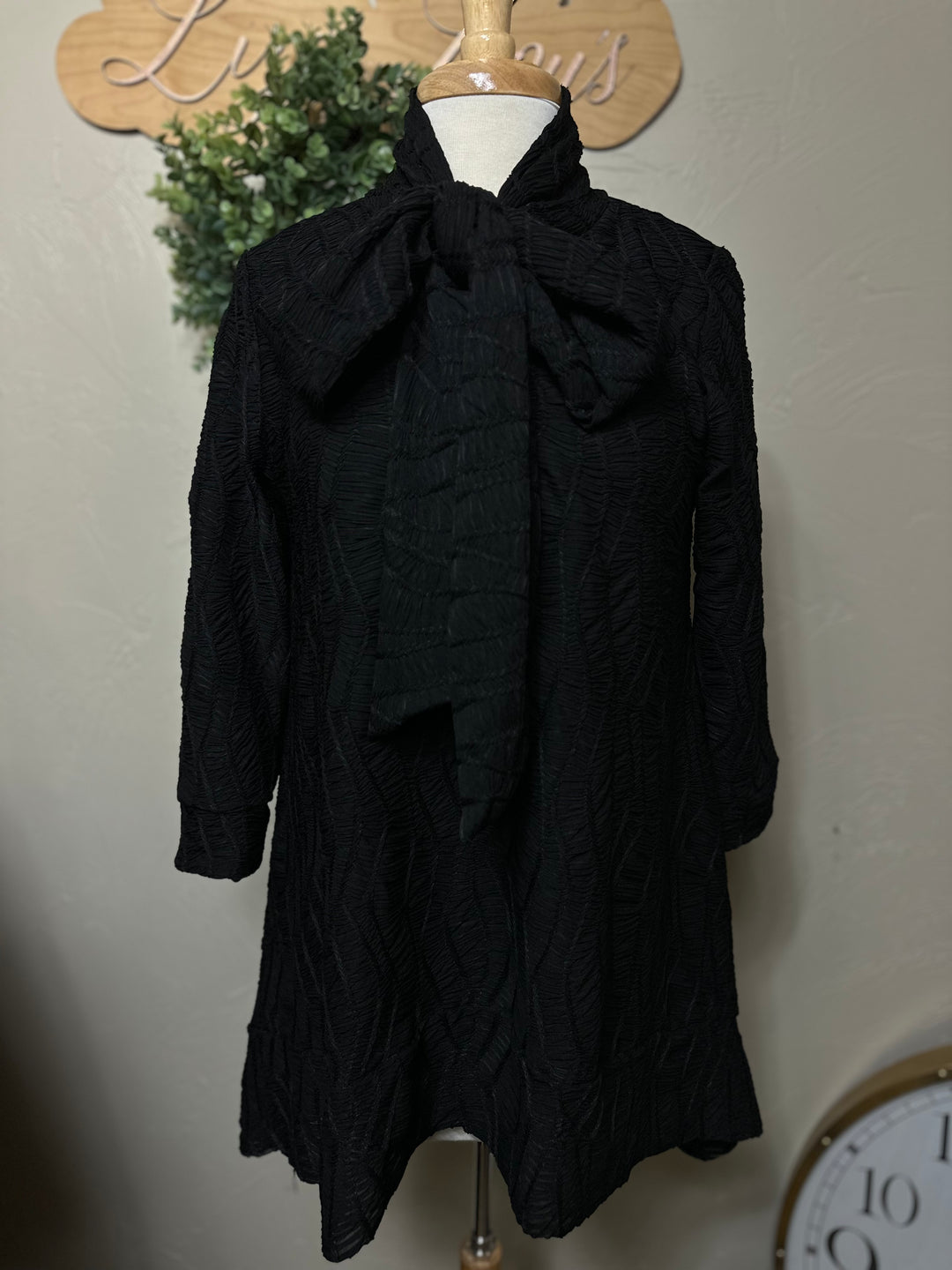 Selena Asymmetrical Black Modest Textured Tunic Top with Tie