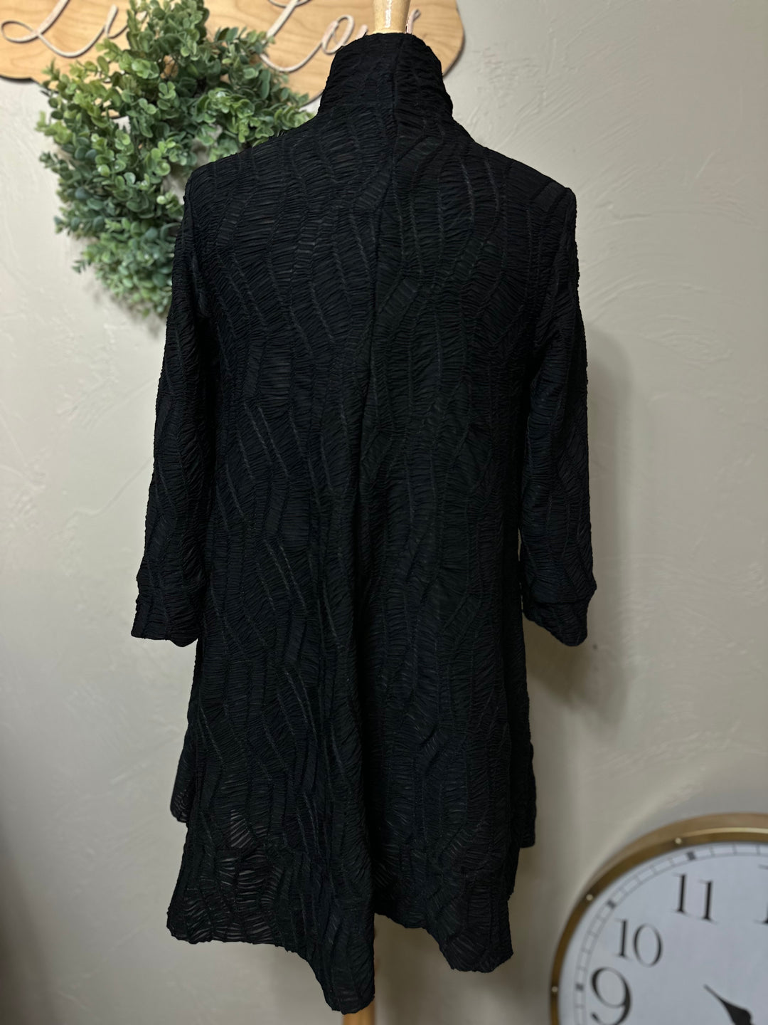 Selena Asymmetrical Black Modest Textured Tunic Top with Tie