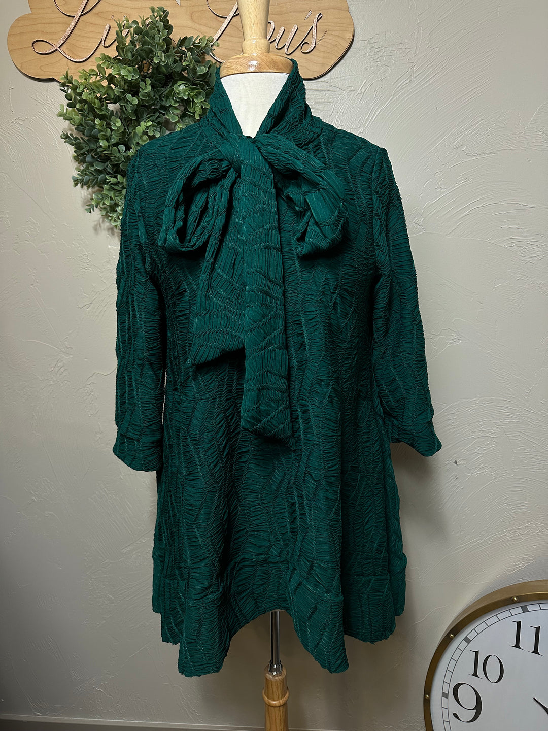 Selena Asymmetrical Hunter Green Modest Textured Tunic Top with Tie