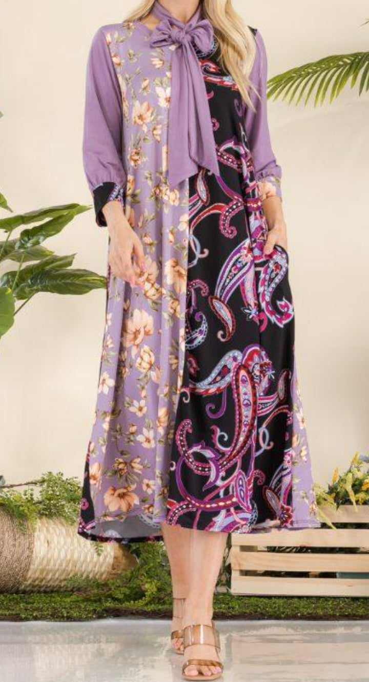 Celeste Lavender Paisley Floral Contrast Modest Dress