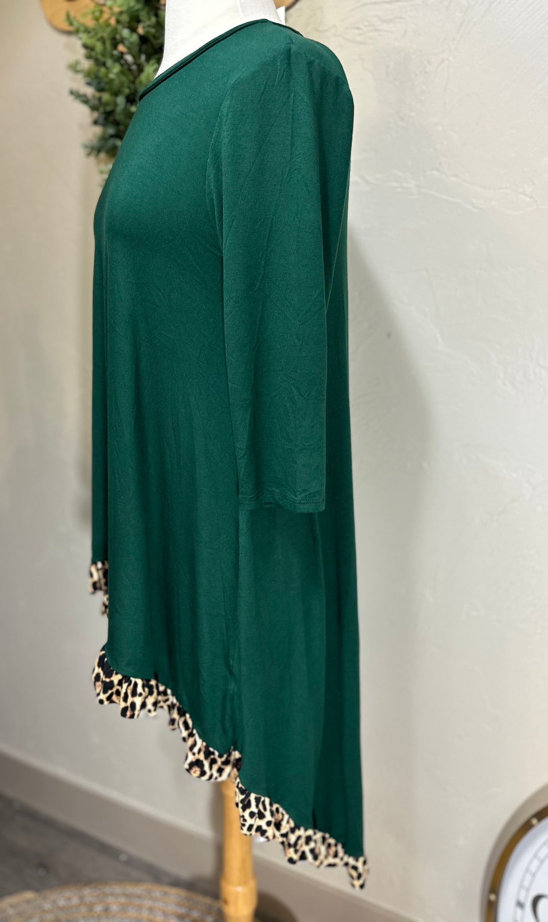 Hunter Green Hi Low Tunic Top with Animal Print Ruffle