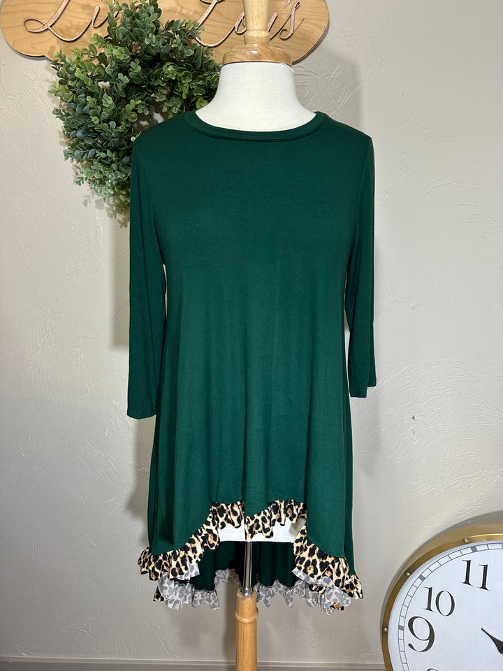 Hunter Green Hi Low Tunic Top with Animal Print Ruffle