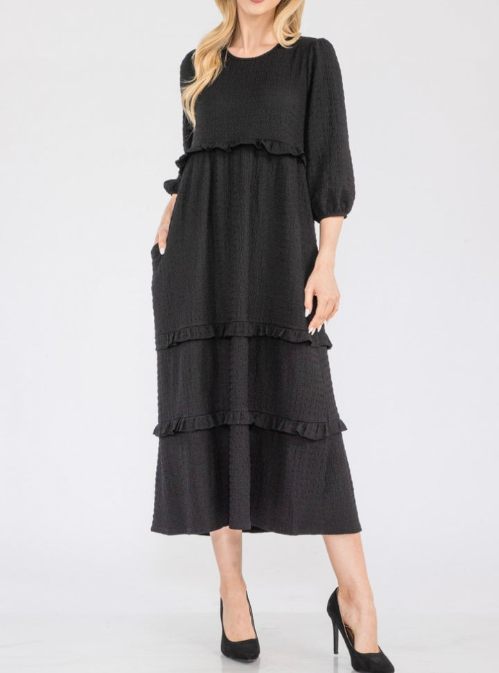 Selena Textured Classic Black Tiered Ruffle Long Dress