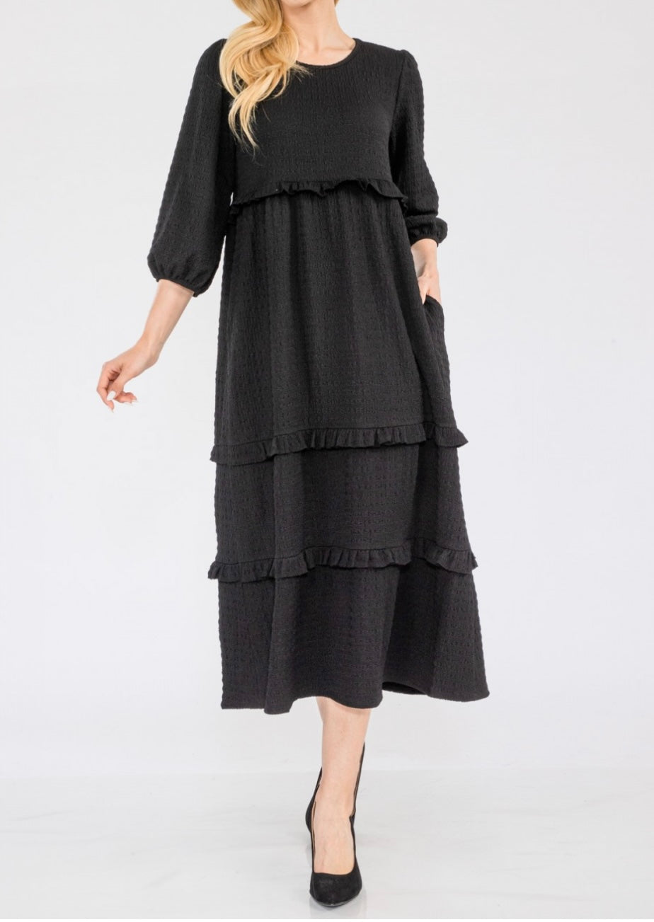 Selena Textured Classic Black Tiered Ruffle Long Dress