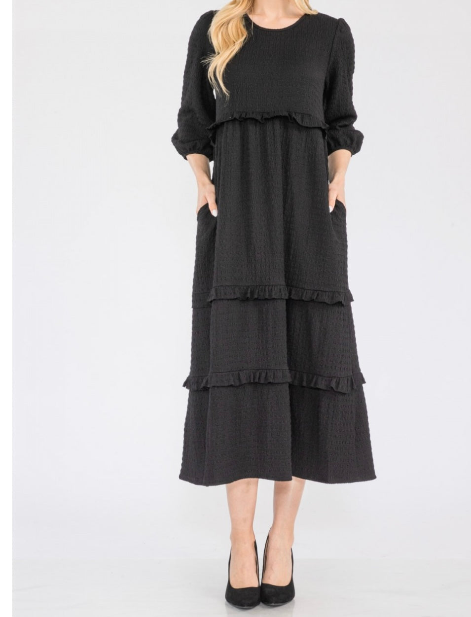 Selena Textured Classic Black Tiered Ruffle Long Dress