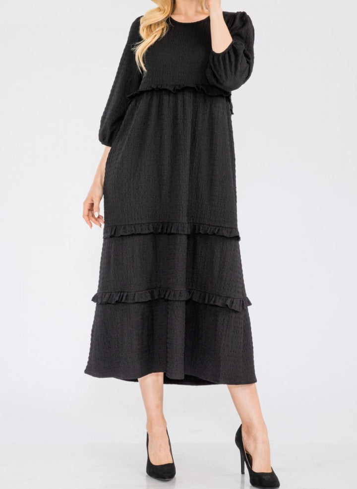 Selena Textured Classic Black Tiered Ruffle Long Dress