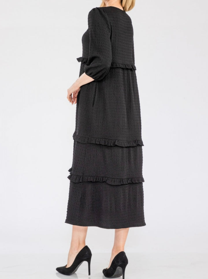 Selena Textured Classic Black Tiered Ruffle Long Dress