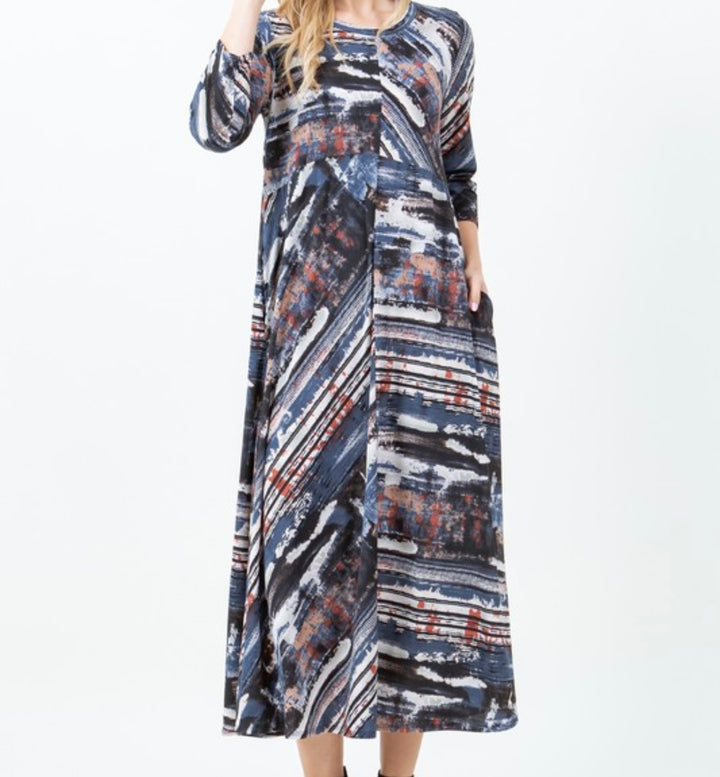 Liza's Blue Brush Stroke Long Modest Dress