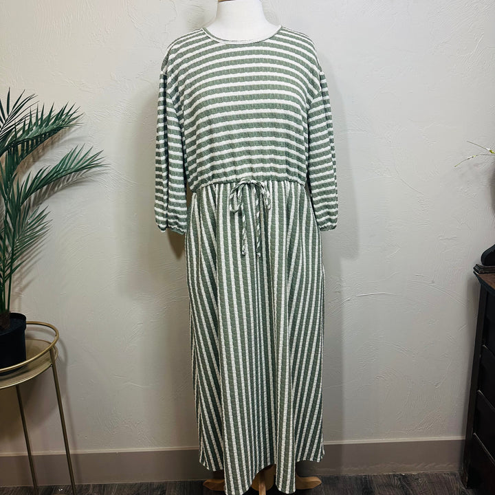 Olive Beige Striped Modest Dress
