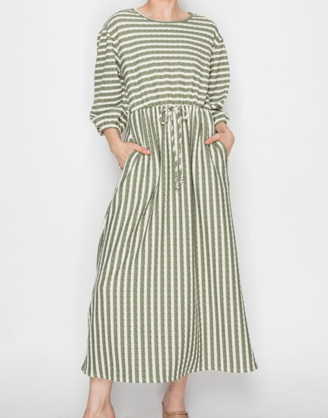 Olive Beige Striped Modest Dress