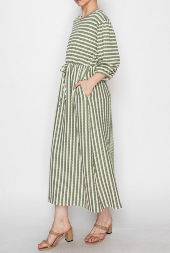 Olive Beige Striped Modest Dress