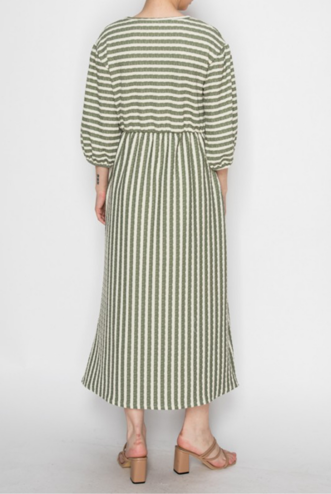Olive Beige Striped Modest Dress