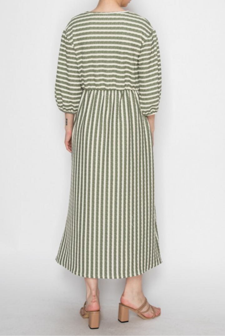 Olive Beige Striped Modest Dress