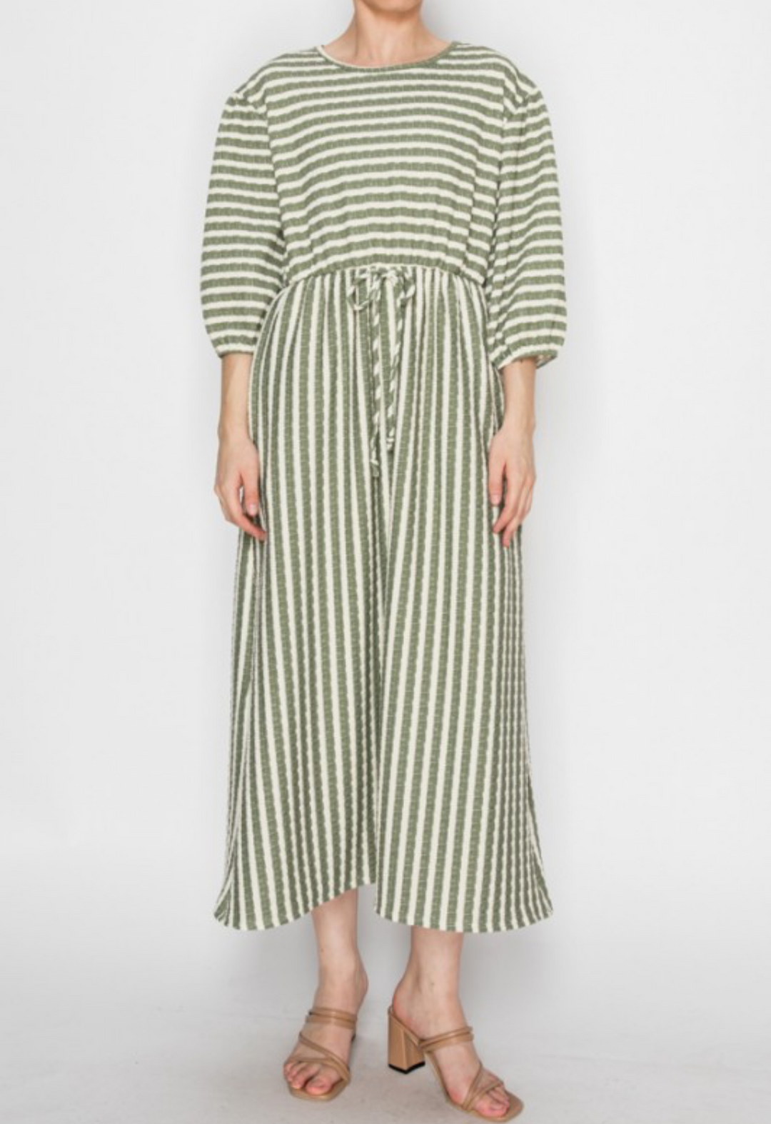 Olive Beige Striped Modest Dress