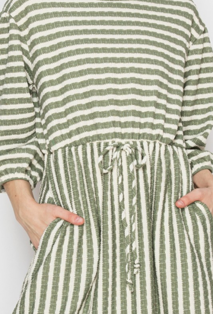 Olive Beige Striped Modest Dress