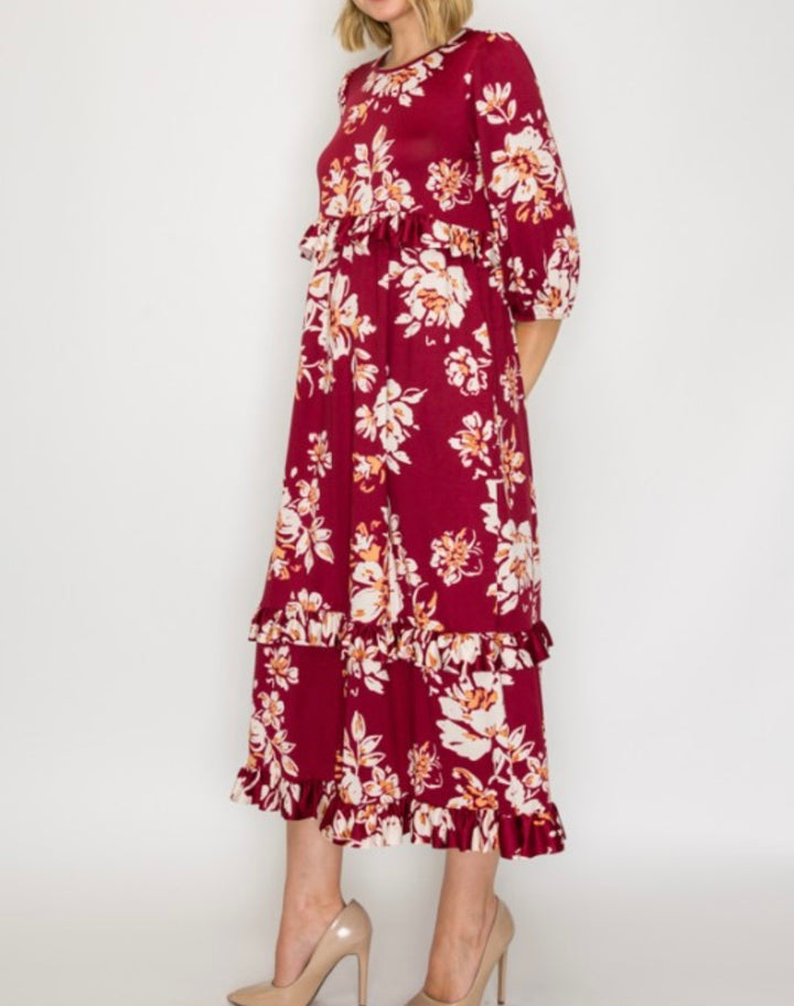 Liza Lou’s Burgundy Ruffles Long Modest Dress with Floral Print