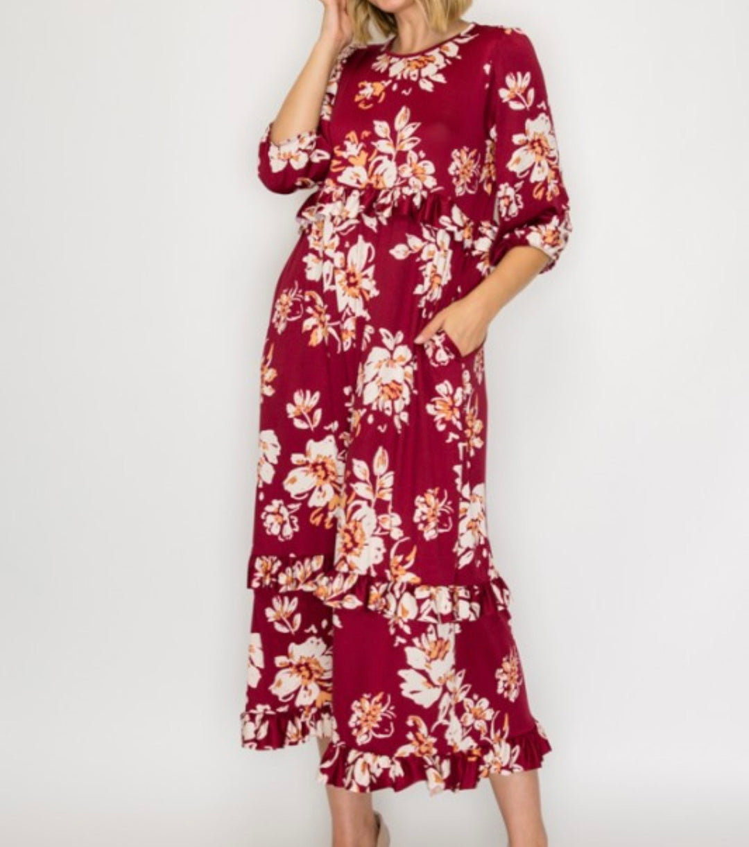 Liza Lou’s Burgundy Ruffles Long Modest Dress with Floral Print