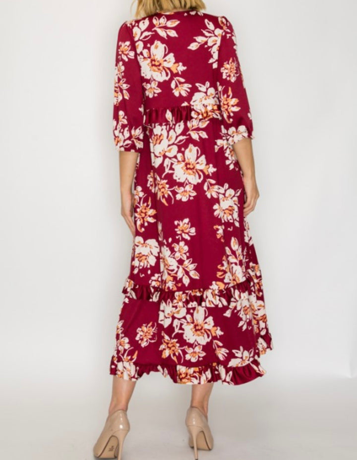Liza Lou’s Burgundy Ruffles Long Modest Dress with Floral Print