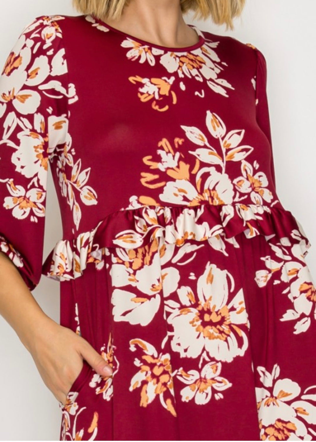 Liza Lou’s Burgundy Ruffles Long Modest Dress with Floral Print