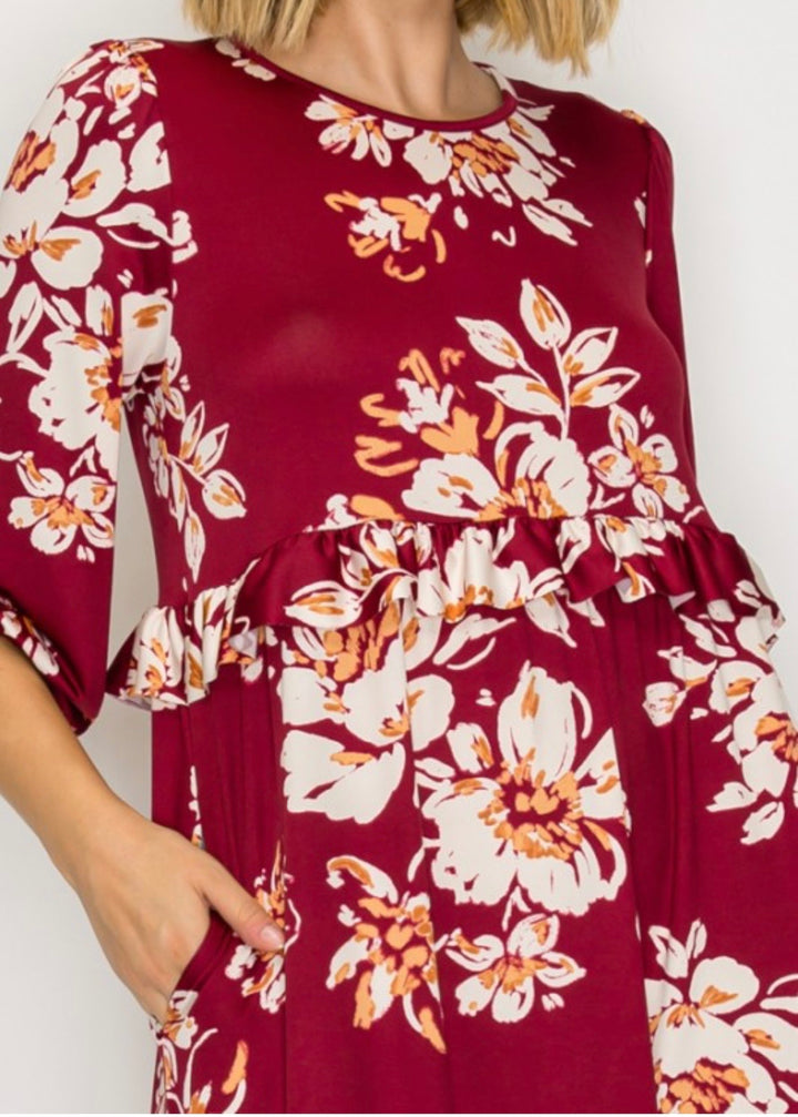 Liza Lou’s Burgundy Ruffles Long Modest Dress with Floral Print