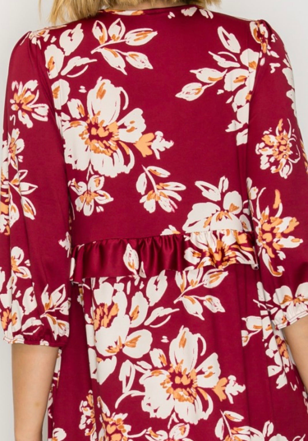 Liza Lou’s Burgundy Ruffles Long Modest Dress with Floral Print