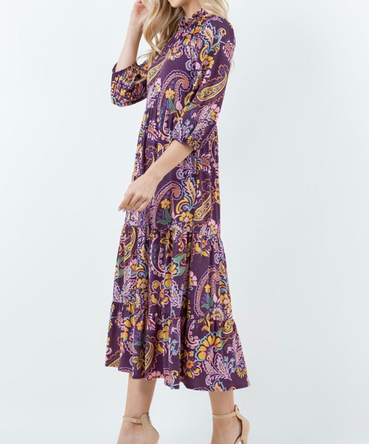 Paisley Purple Modest Long Tiered Dress with Elastic Waist