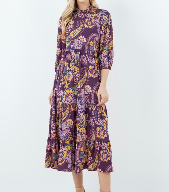 Paisley Purple Modest Long Tiered Dress with Elastic Waist