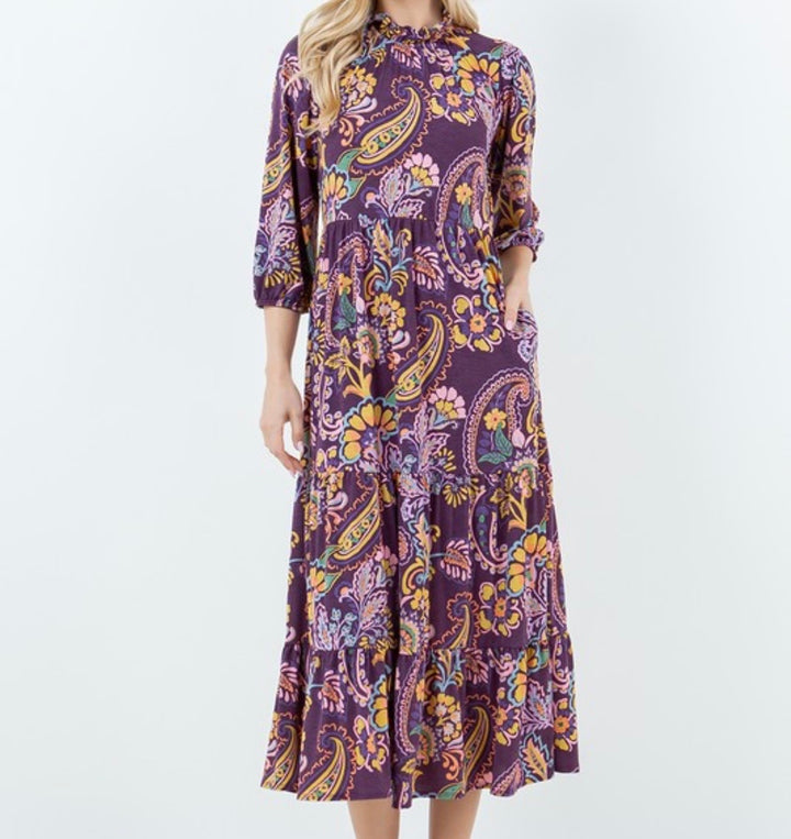 Paisley Purple Modest Long Tiered Dress with Elastic Waist