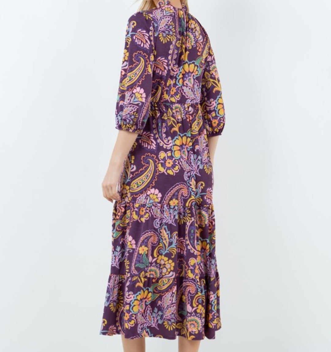 Paisley Purple Modest Long Tiered Dress with Elastic Waist