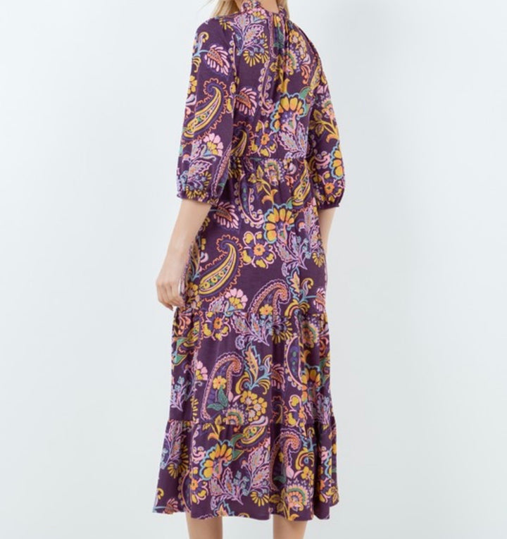 Paisley Purple Modest Long Tiered Dress with Elastic Waist
