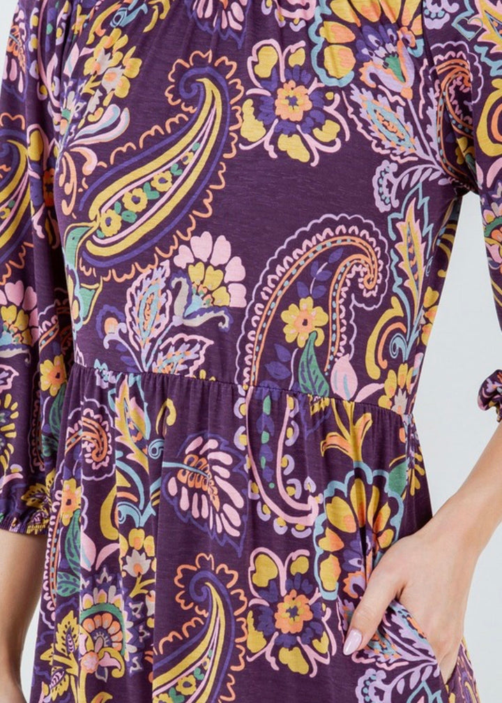 Paisley Purple Modest Long Tiered Dress with Elastic Waist