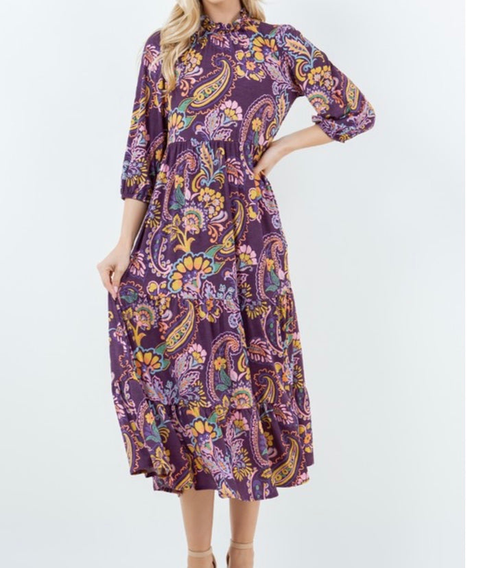 Paisley Purple Modest Long Tiered Dress with Elastic Waist