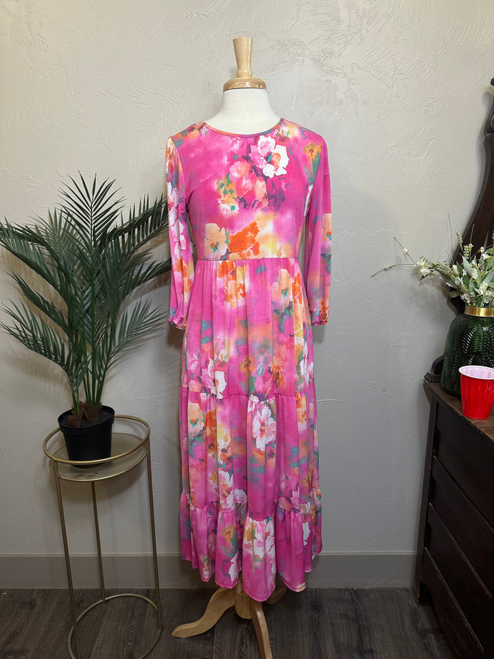 Pink Modest Long Floral Tiered Dress with Elastic Waist