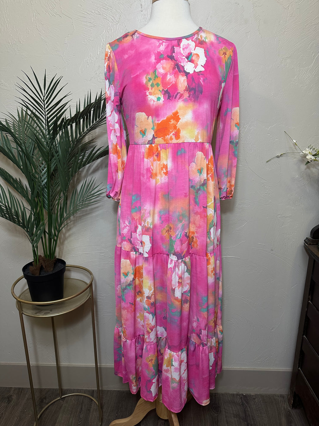 Pink Modest Long Floral Tiered Dress with Elastic Waist