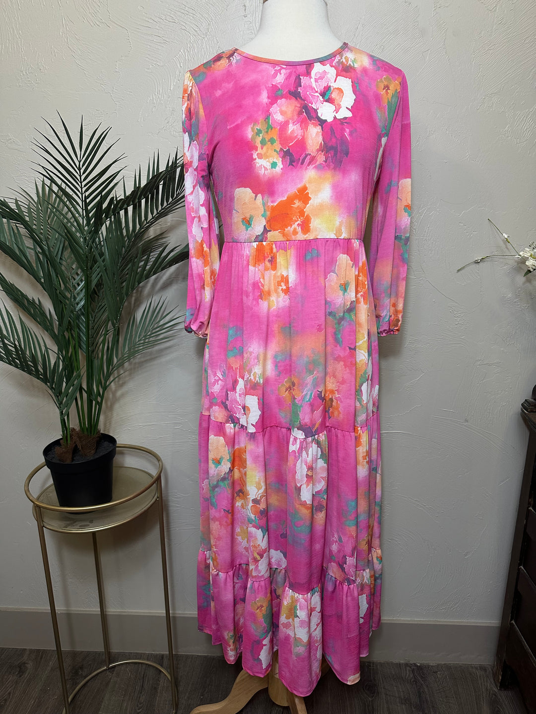 Pink Modest Long Floral Tiered Dress with Elastic Waist