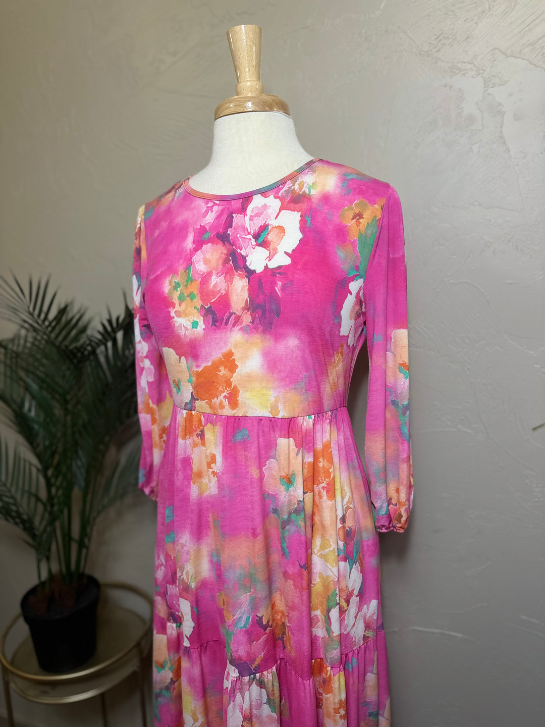 Pink Modest Long Floral Tiered Dress with Elastic Waist