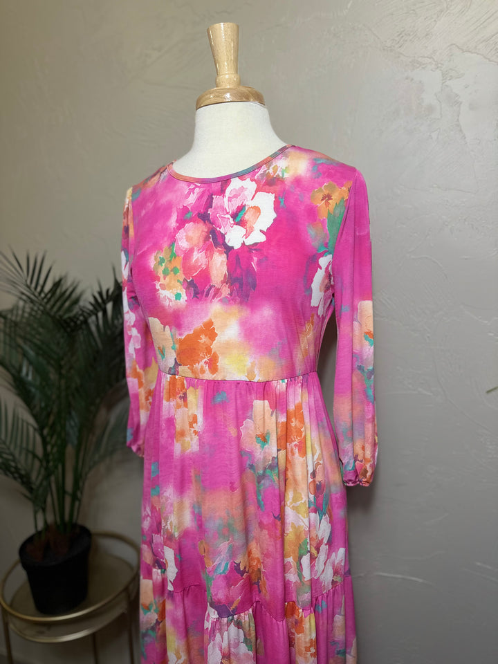 Pink Modest Long Floral Tiered Dress with Elastic Waist