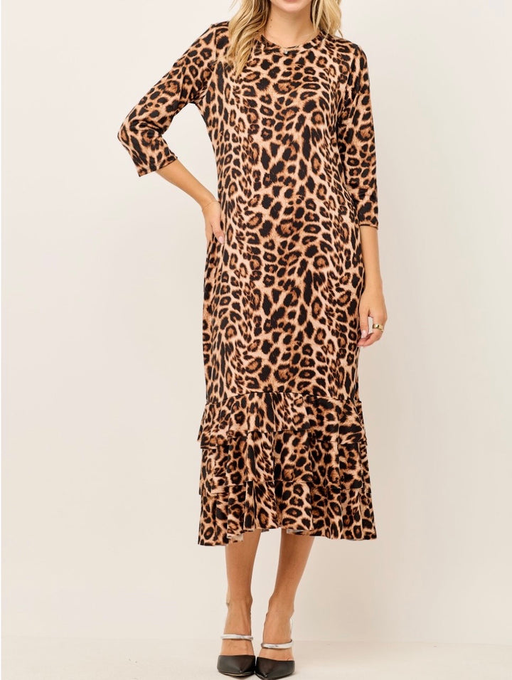 Liza Lou's Animal Print Leopard Long Layering Dress with Bottom Ruffles