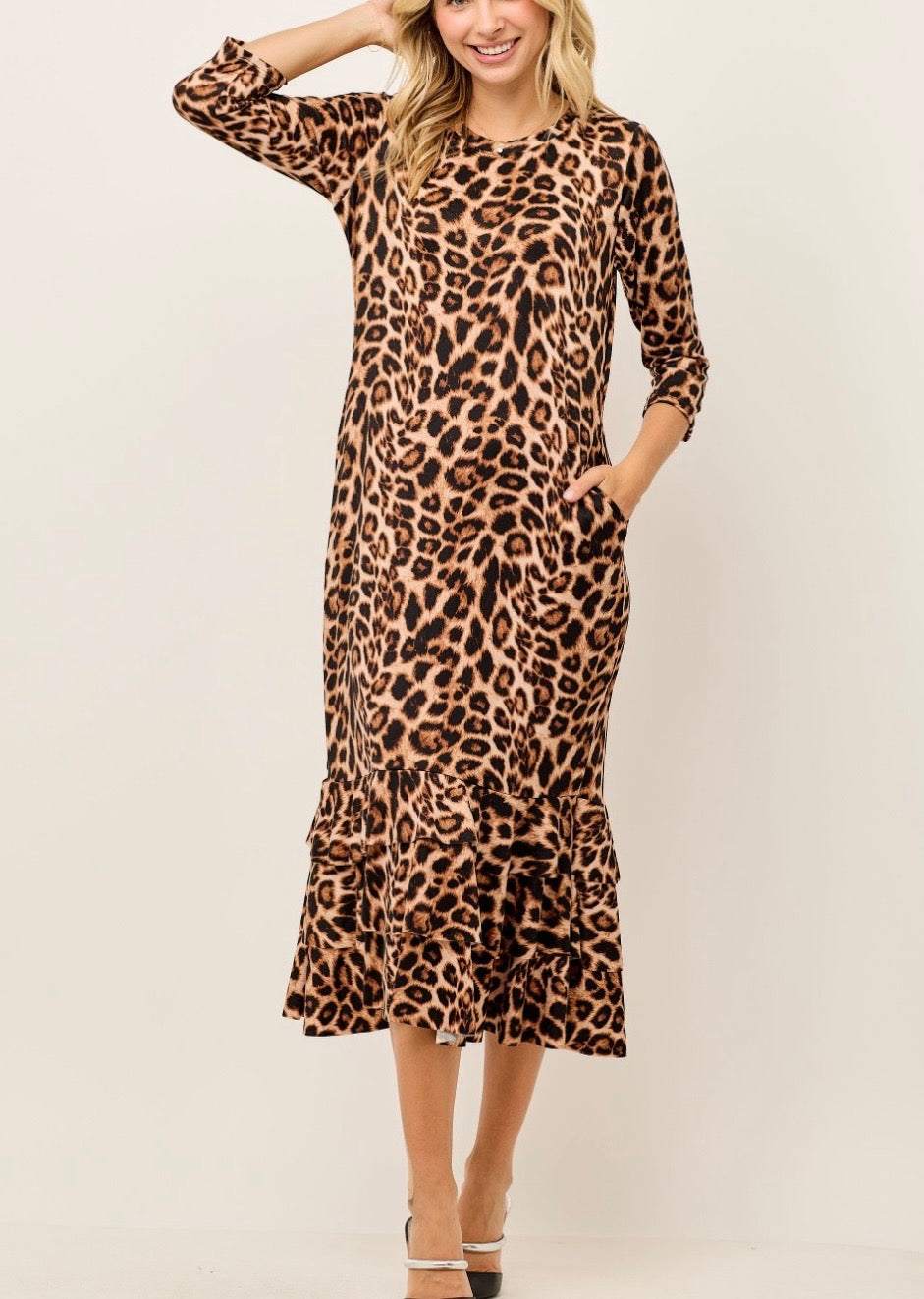 Liza Lou's Animal Print Leopard Long Layering Dress with Bottom Ruffles