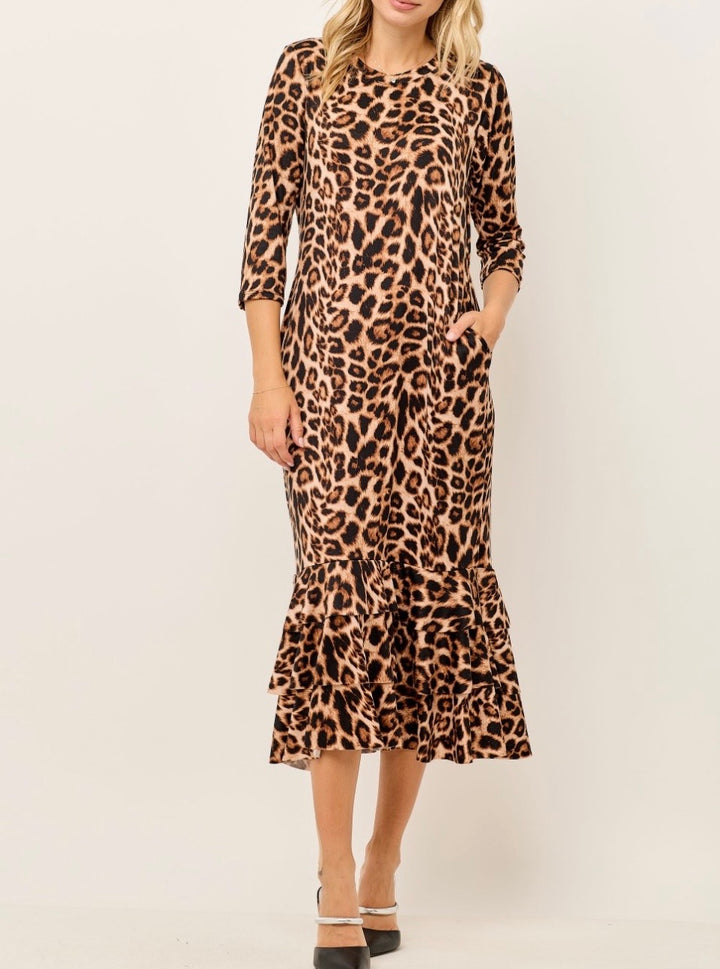Liza Lou's Animal Print Leopard Long Layering Dress with Bottom Ruffles