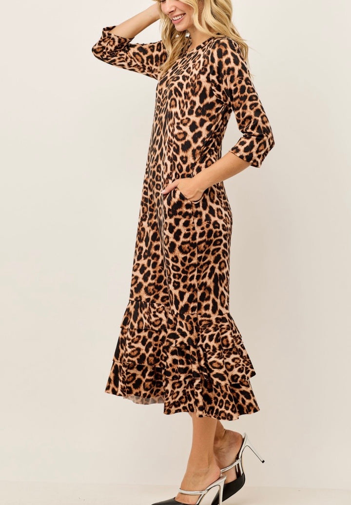 Liza Lou's Animal Print Leopard Long Layering Dress with Bottom Ruffles