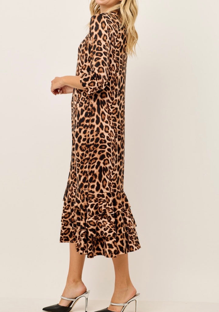 Liza Lou's Animal Print Leopard Long Layering Dress with Bottom Ruffles