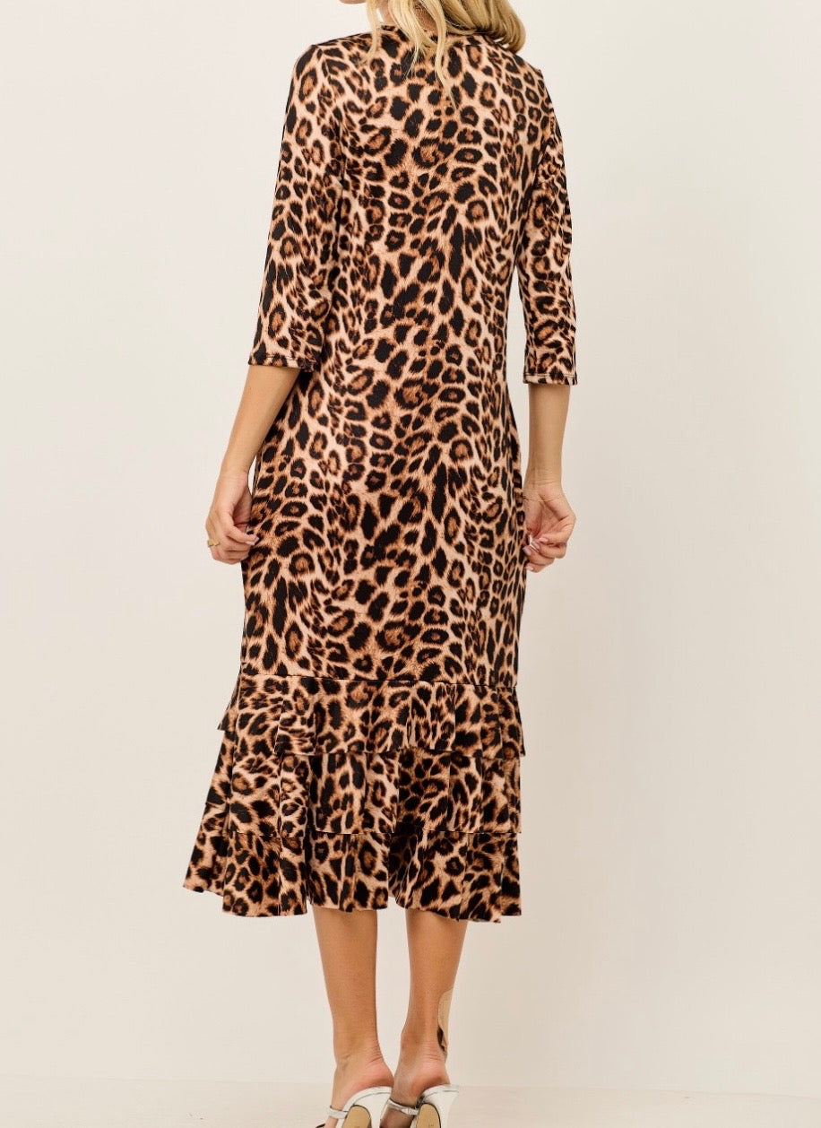 Liza Lou's Animal Print Leopard Long Layering Dress with Bottom Ruffles