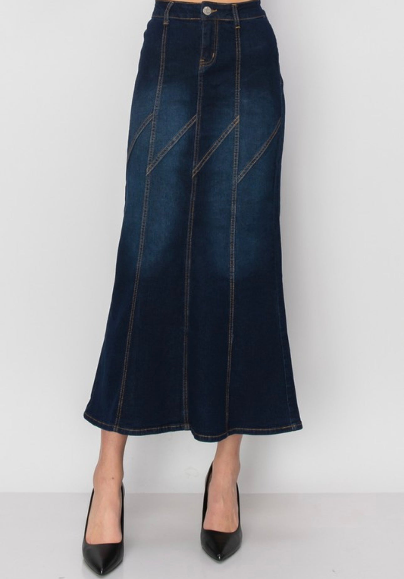 【Loulouseoul】Gemma Denim Skirt (Dark Blue) Denim Skirt with Embroidery - Tween - Dark Blue Denim with