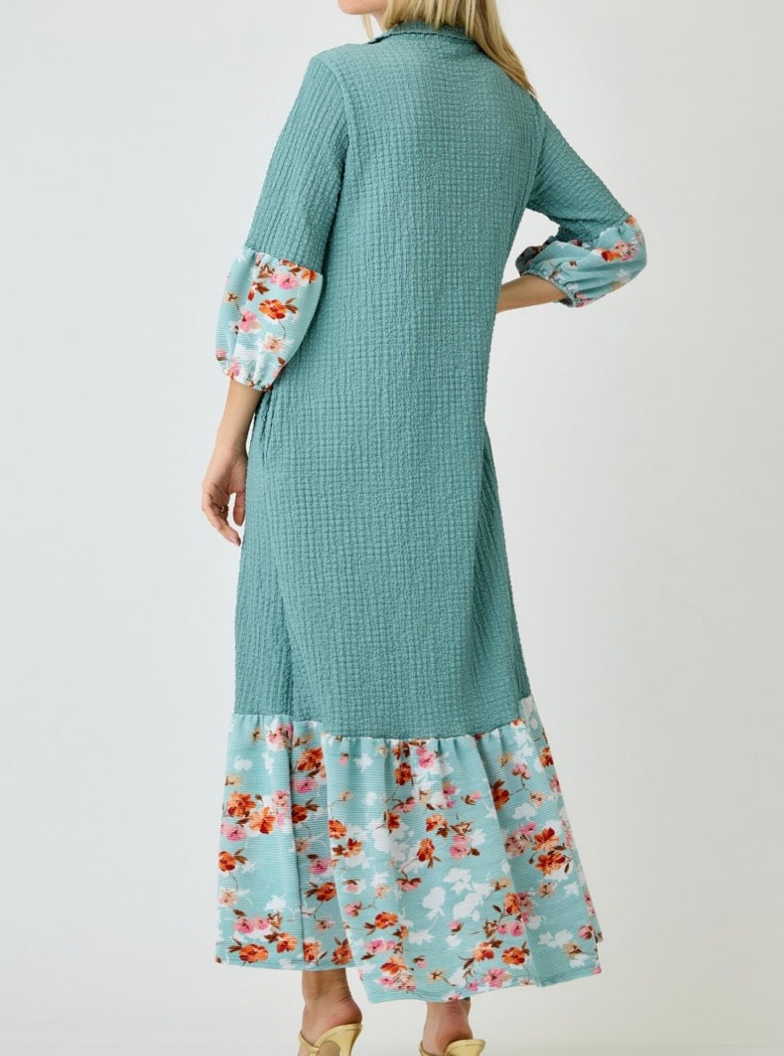 Amita Elegant Dusty Turquoise Textured Contrast Flora Print Dress